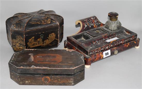 A Victorian tortoiseshell inkstand and a Chinese lacquer box and a Tunbridgeware box